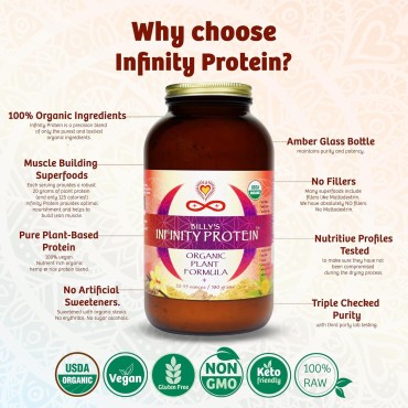 Infinity Organic Plant Based Protein Powder | Organic Hemp Protein Powder + Brown Rice Protein Powder with Enzymes & Prickly Pear Nopal Cactus | Vegan, Sugar Free, Soy Free, Whey Free, Non GMO (580g)