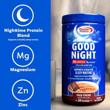 Premier Protein Good Night Protein Powder, Hot Cocoa Mix, 10g Protein, 0g Sugar, 11 Vitamins & Minerals, Nighttime Protein Blend, Magnesium, Zinc, 20 Serve, 1 Tub