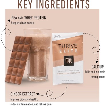 Le-Vel Thrive Elite Chocolate Lifestyle Mix | Protein Shake for Men & Women | Gluten Free Chocolate Protein Powder | High Calorie Protein Shake | 16 Packets (Single Serves)